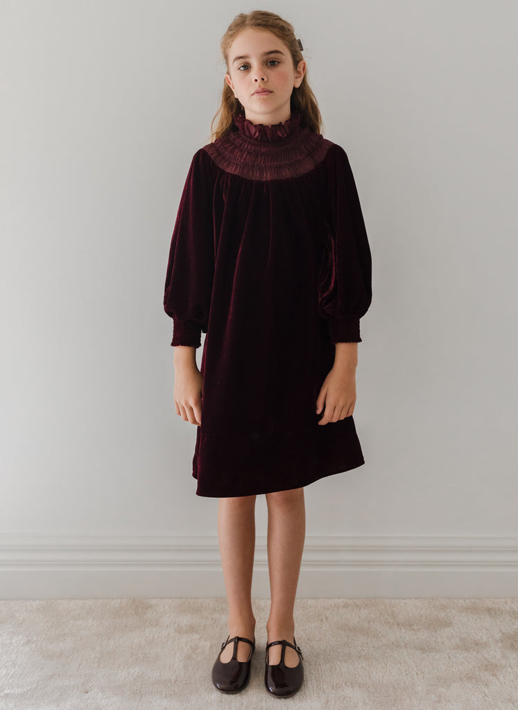 PETITE AMALIE "Enchanted Delight" Velvet Shirred Organza Dress in Burgundy