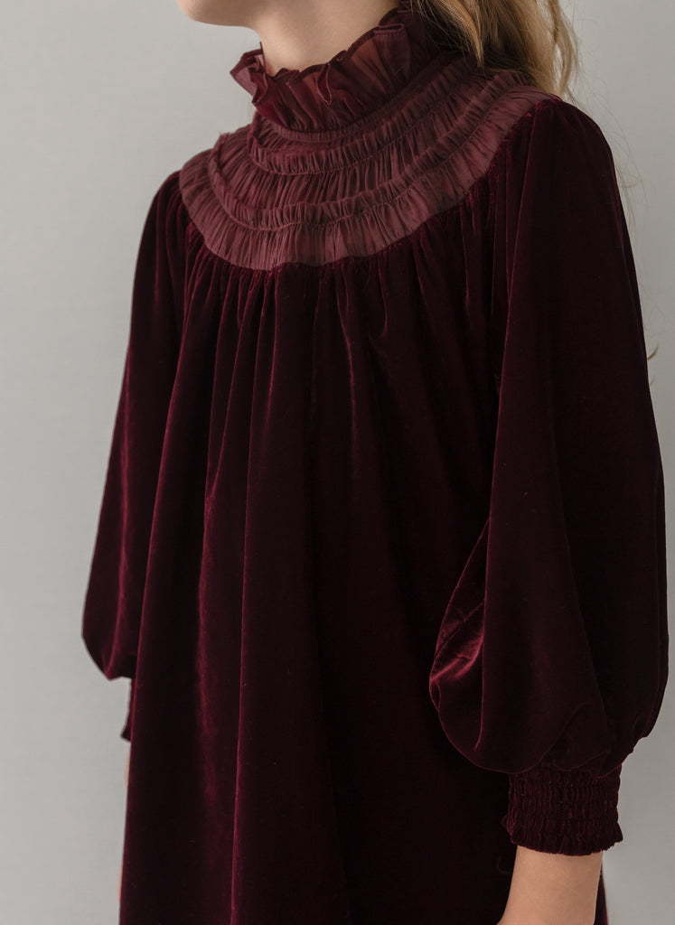 PETITE AMALIE "Enchanted Delight" Velvet Shirred Organza Dress in Burgundy