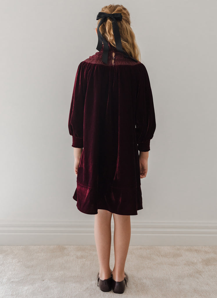 PETITE AMALIE "Enchanted Delight" Velvet Shirred Organza Dress in Burgundy