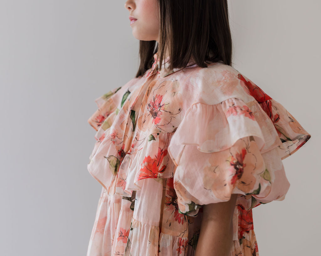 PETITE AMALIE "Le Jardin" Peach Peony Linen Collar Dress