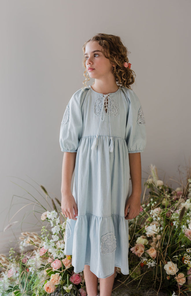 STEPH THE LABEL "Enjoue" Crochet Doily Chambray Dress