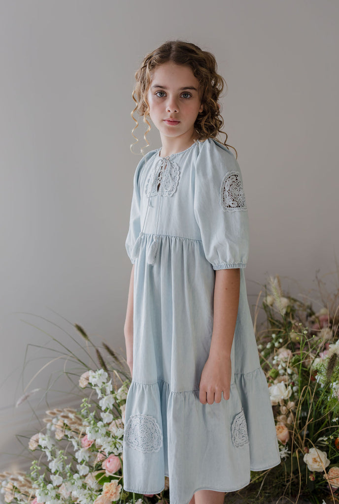 STEPH THE LABEL "Enjoue" Crochet Doily Chambray Dress