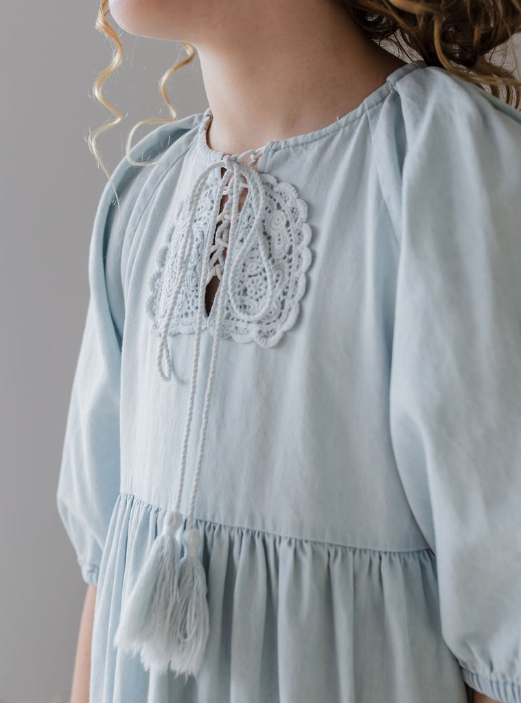 STEPH THE LABEL "Enjoue" Crochet Doily Chambray Dress