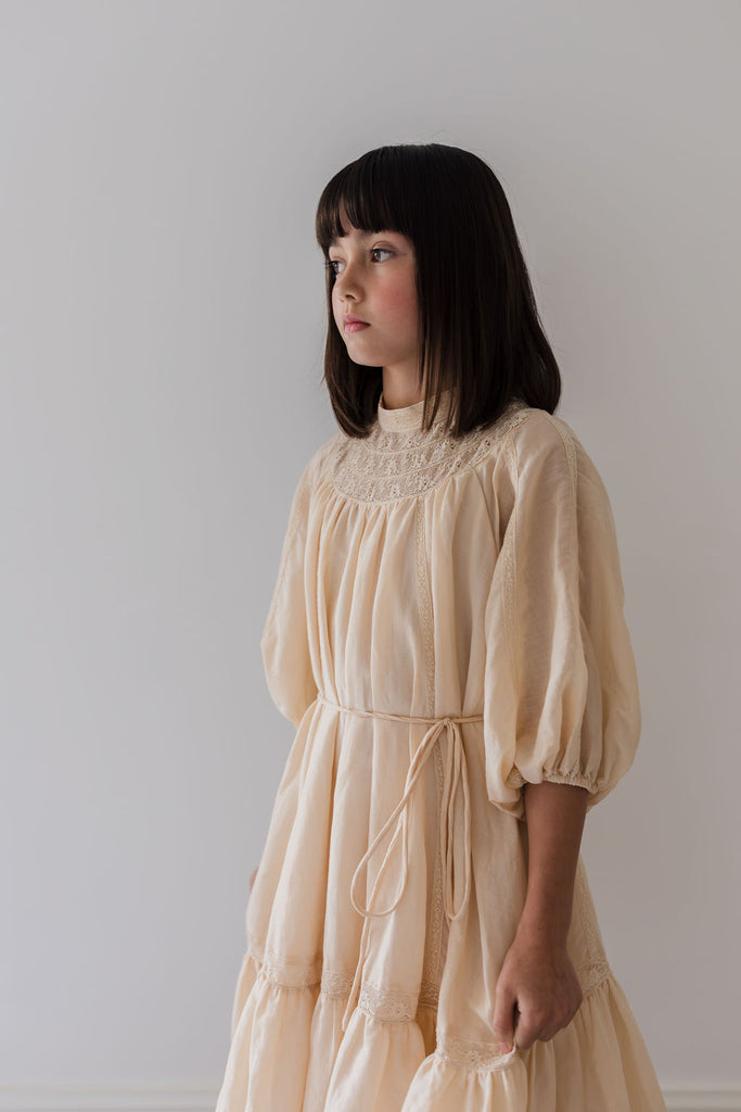 PETITE AMALIE "Le Jardin" Lace Yoke Linen Smock Dress