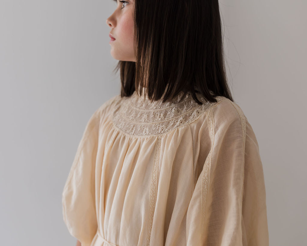 PETITE AMALIE "Le Jardin" Lace Yoke Linen Smock Dress