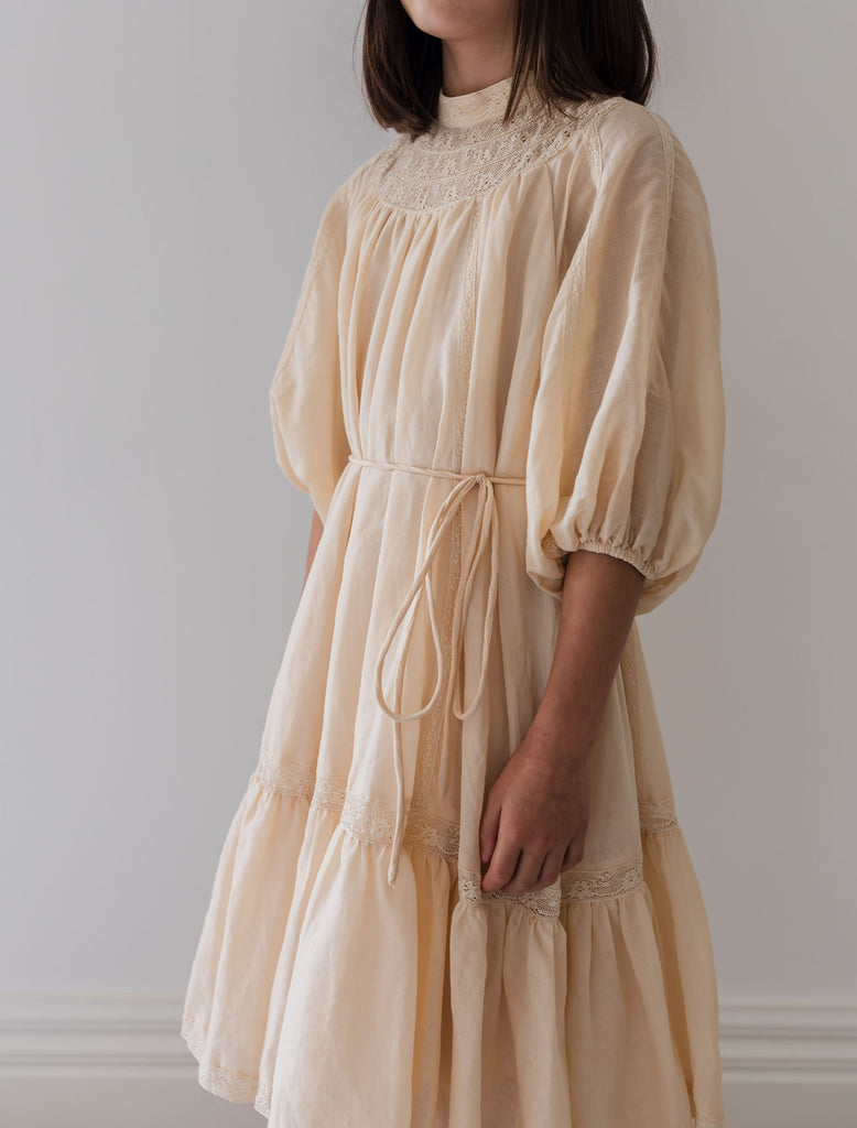 PETITE AMALIE "Le Jardin" Lace Yoke Linen Smock Dress