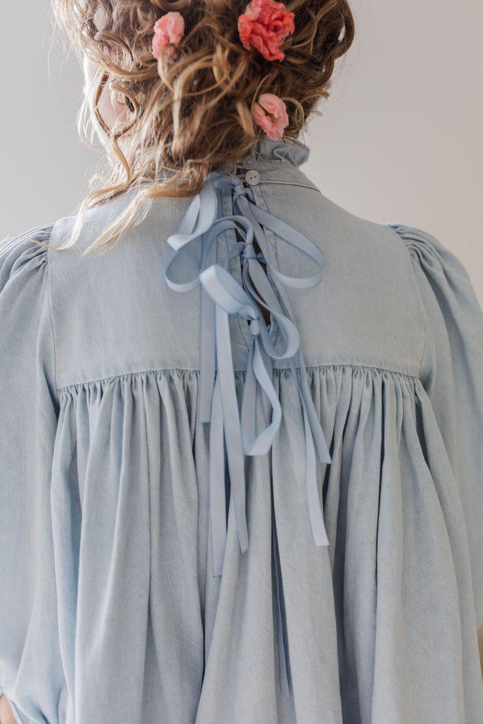 STEPH THE LABEL "Enjoue" Ribbon Trim Chambray Dress