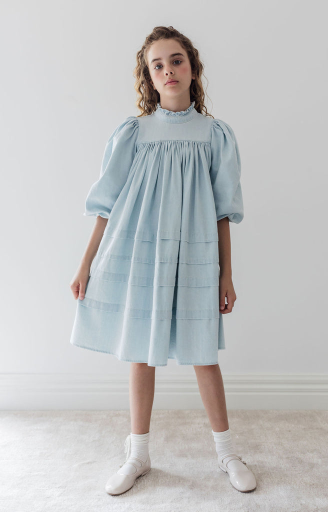 STEPH THE LABEL "Enjoue" Ribbon Trim Chambray Dress