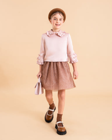 PETITE AMALIE "Enchanted Delight" Mauve Rose Flocked Mesh Bow Dress