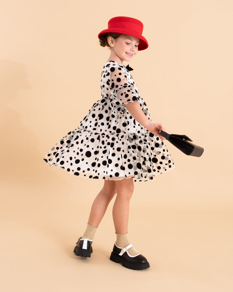 MiMiSol FW24 FLOCK POLKA-DOT ORGANZA DRESS in Cream