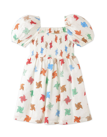 GINGERSNAPS FW24 BABY GIRL ENVELOP NECK DRESS WITH BIRD EMBROIDERY