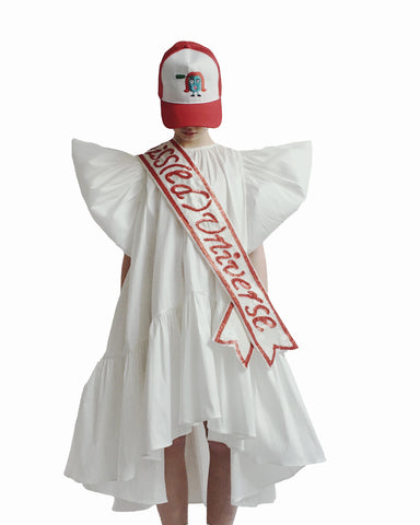 CAROLINE BOSMANS "Miss(ed) Universe" Long Sleeve Dress with Front Ruffle in Flamingo