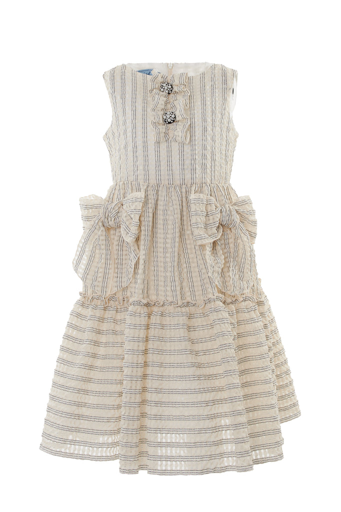 MiMiSol SS25 Striped Seersucker Dress in Beige