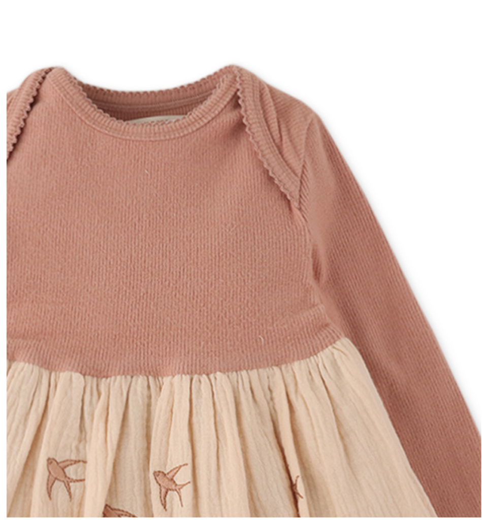 GINGERSNAPS FW24 BABY GIRL ENVELOP NECK DRESS WITH BIRD EMBROIDERY