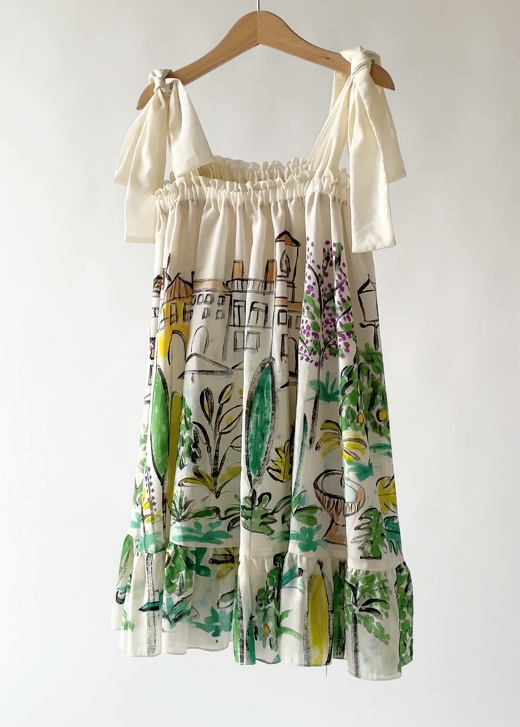 TAGO SS25 Botanical Painted Ruffles Silk Blend Dress