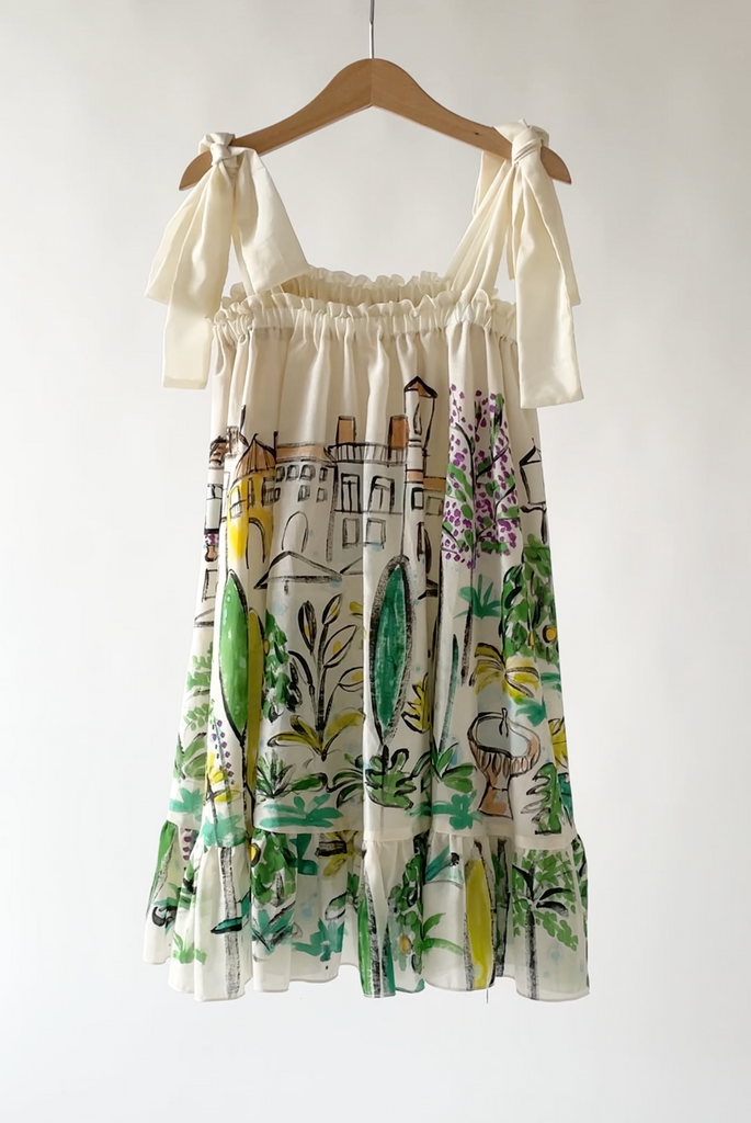 TAGO SS25 Botanical Painted Ruffles Silk Blend Dress