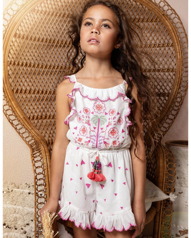 EMILE ET IDA SS25 PINK SPRING SMOCKED JUMPSUIT OVERALLS