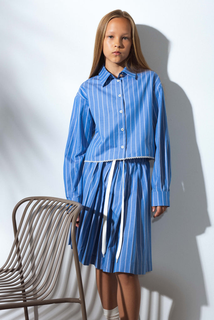 UNLABEL SS25 Ring Pleated Skirt in Dark Blue Stripes