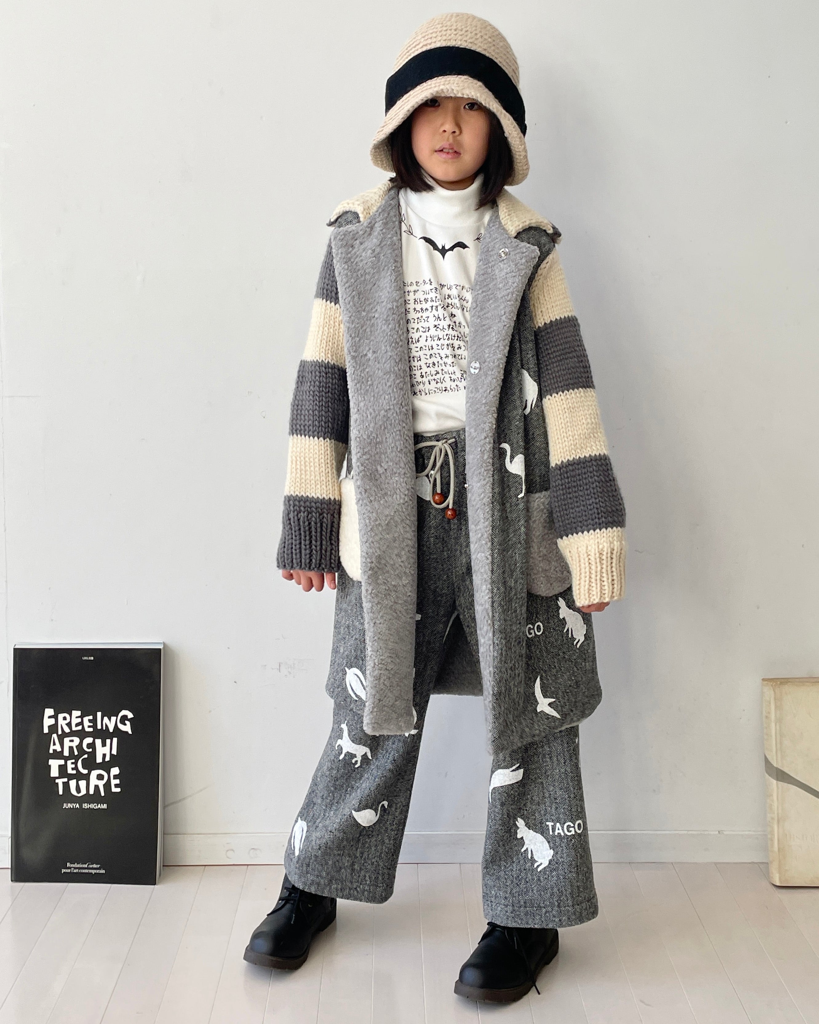 TAGO Herringbone Coat with Knit Sleeves in Cashmere Mix