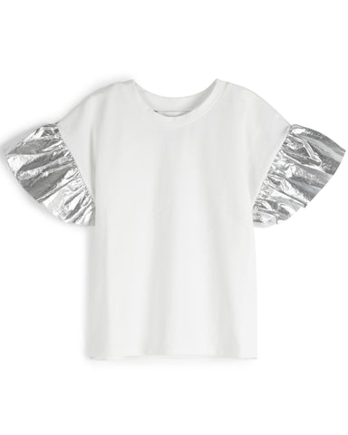 OEUF "Handle With Care" Ruffle Collar Long Sleeve T-shirt in Silver Peony