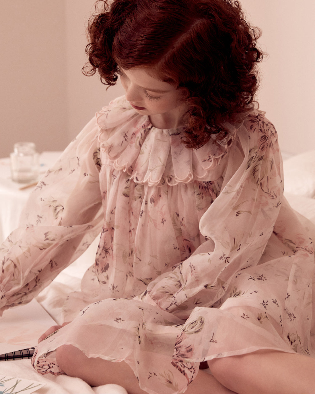Petite Amalie Wonderland Rose Printed Organza Ruffle Collar Dress 5Y / Pink