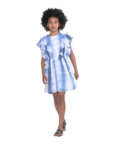 MiMiSol TILE-PRINT SATEEN-COTTON DRESS in Blue and Cream