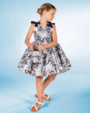 Cotton Dress with Collar - Cream/navy blue - Kids